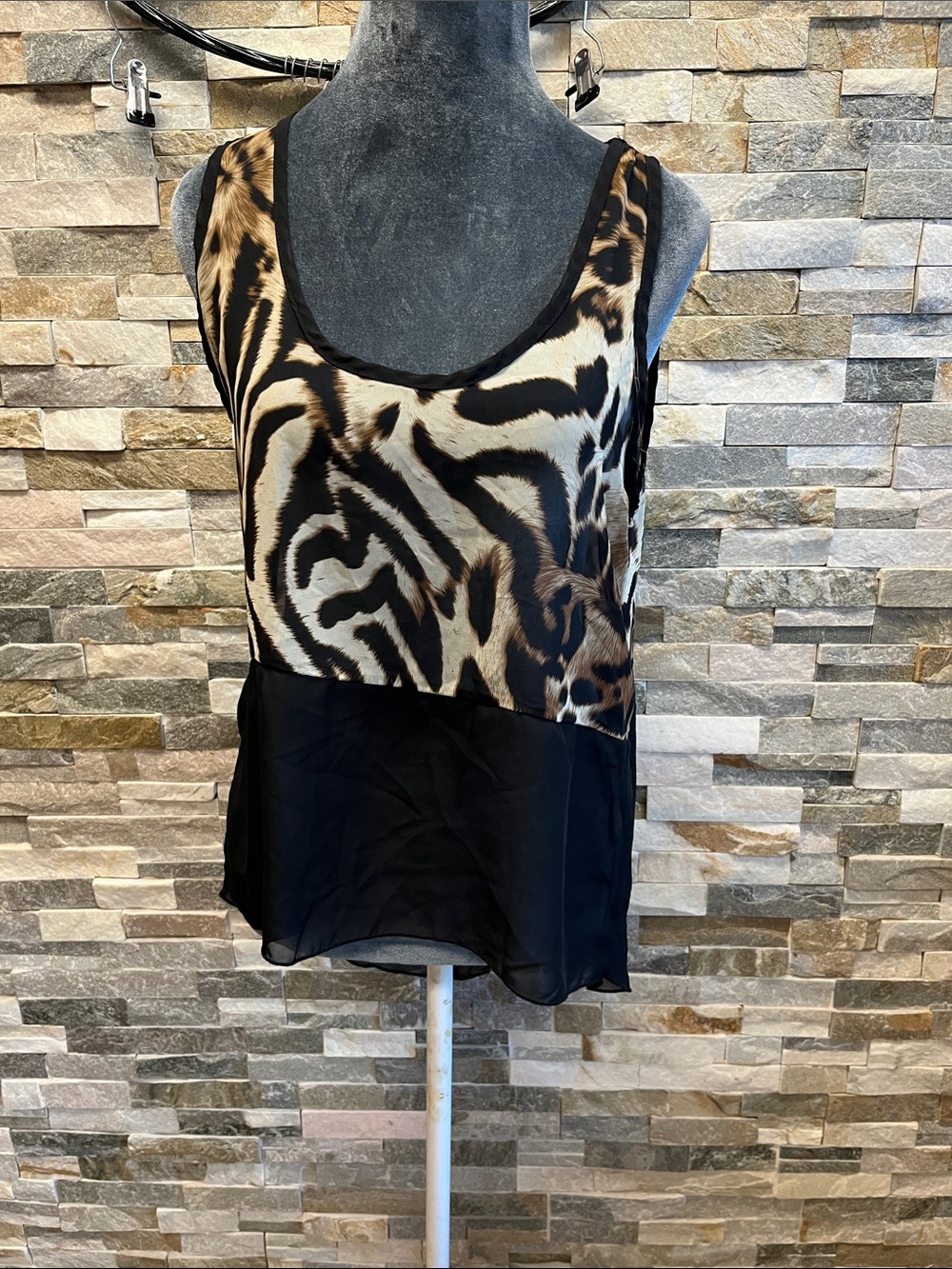 Vivace Animal-Print Sleeveless Blouse with Black Chiffon Hem